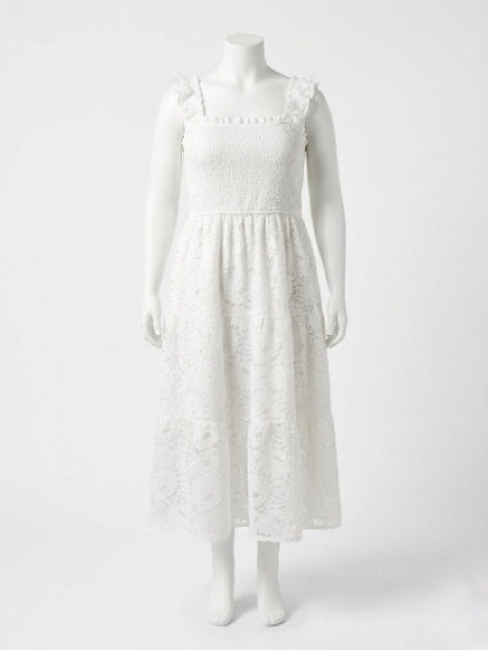 White Lace Tiered Smocked Bodice Midi Dress Cottagecore Shabby Chic Bridal 3XL